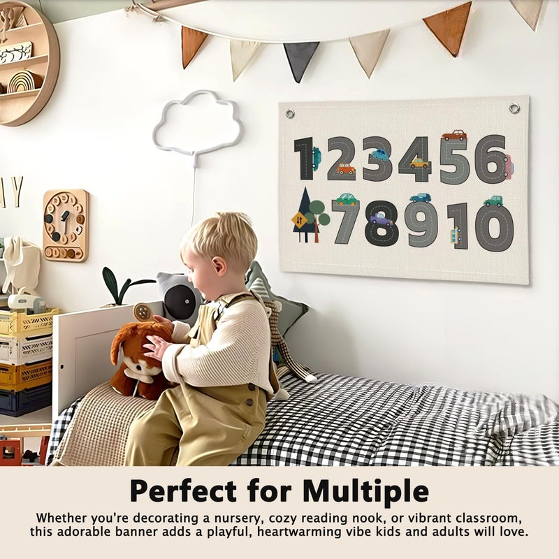 ETVISO Number 1-10 Cars Traffic Boys Kids Room Decor - Linen Banner Wall Hanging Canvas Banner Flag Decor for Toddler Boy Bedroom Nursery Playroom Classroom - Image 5